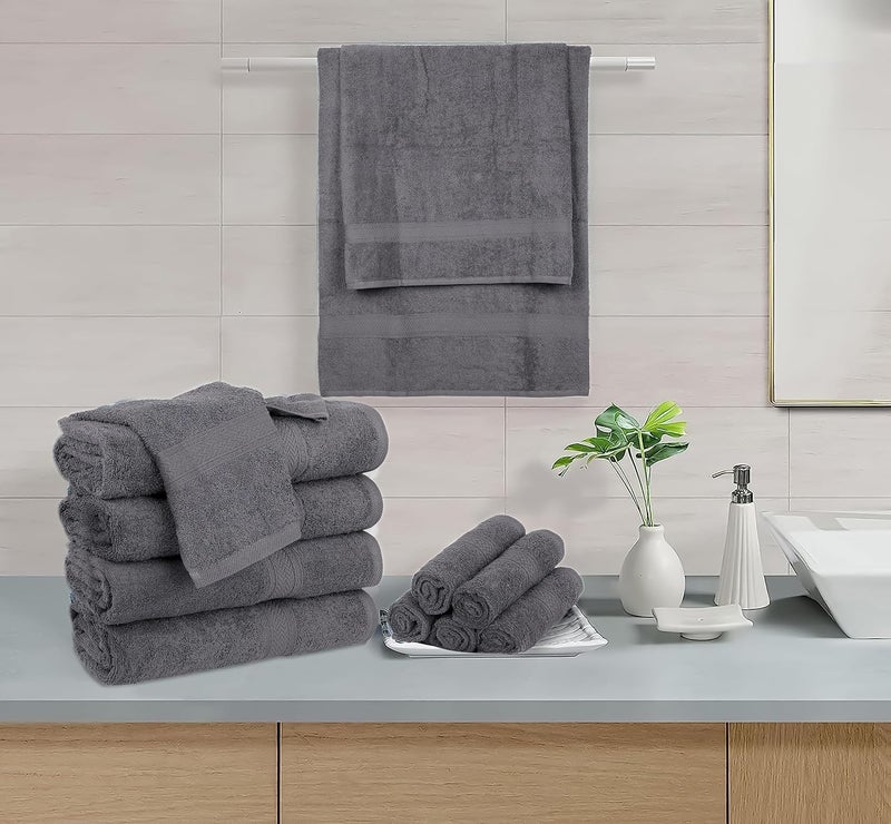 Hillfair 12 piece 600 GSM Cotton Bath Towels - Hotel Spa Quality - 2 Bath, 4 Hand, 6 Washcloths - Absorbent Super Soft Grey Cotton Set - Image 3